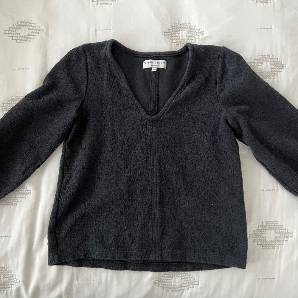 Madewell Texture & Thread Black Crop Top with Full Sleeves Nubby Fabric Size XXS